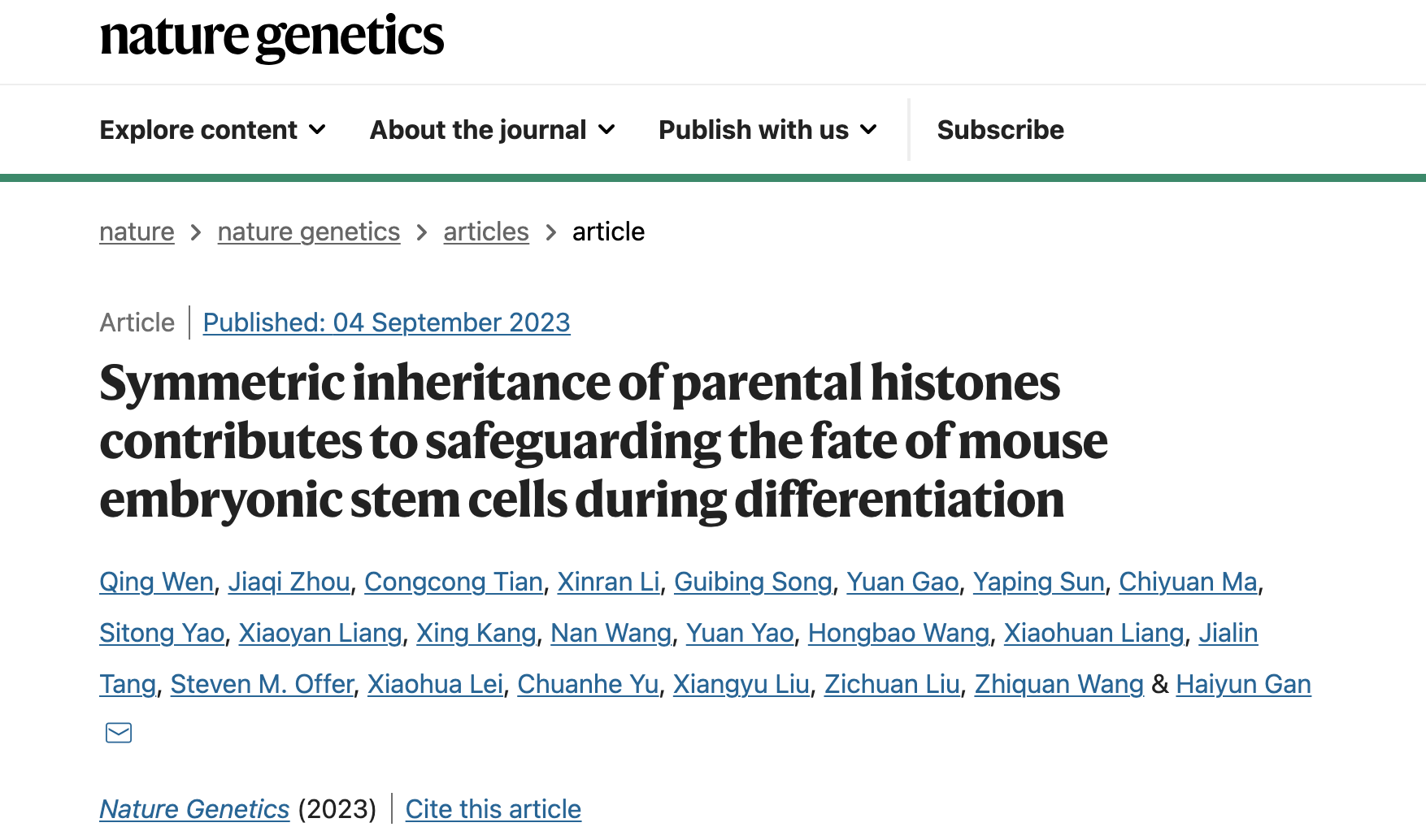 Nature Genetics｜亲代组蛋白遗传影响小鼠胚胎干细胞分化和早期胚胎发育