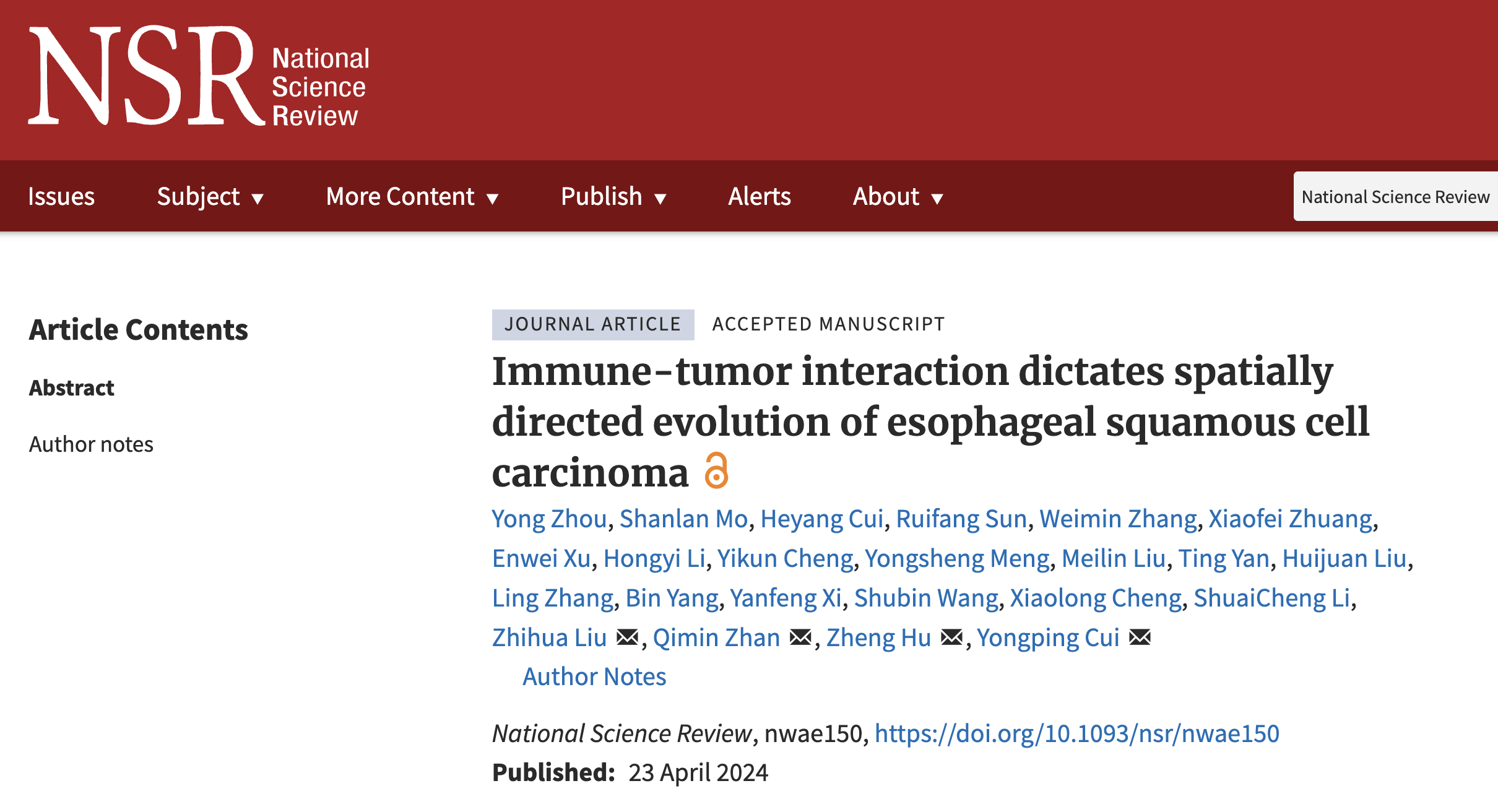 National Science Review | 免疫与肿瘤互作驱动的食管鳞癌空间定向进化