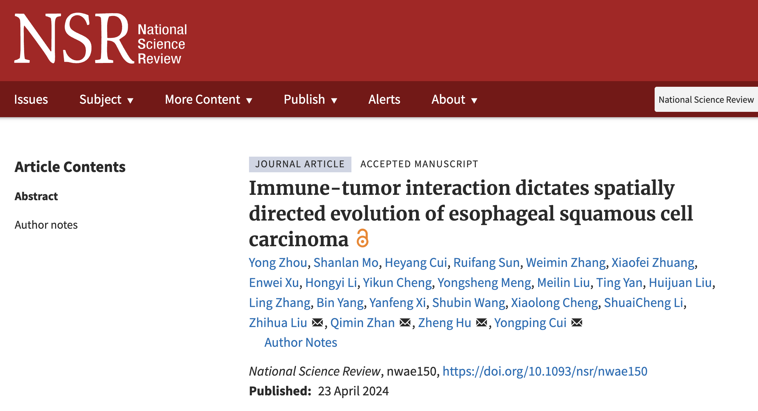 National Science Review | Immune-Tumor Interaction-Driven Spatial Directed Evolution of Esophageal Squamous Cell Carcinoma