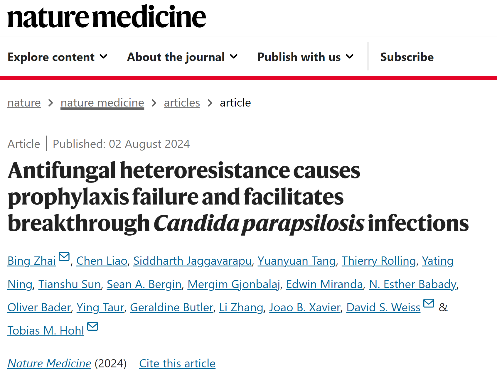 Nature Medicine |  Antifungal Heteroresistance Causes Prophylaxis Failure and Facilitates Breakthrough Candida Parapsilosis Infections